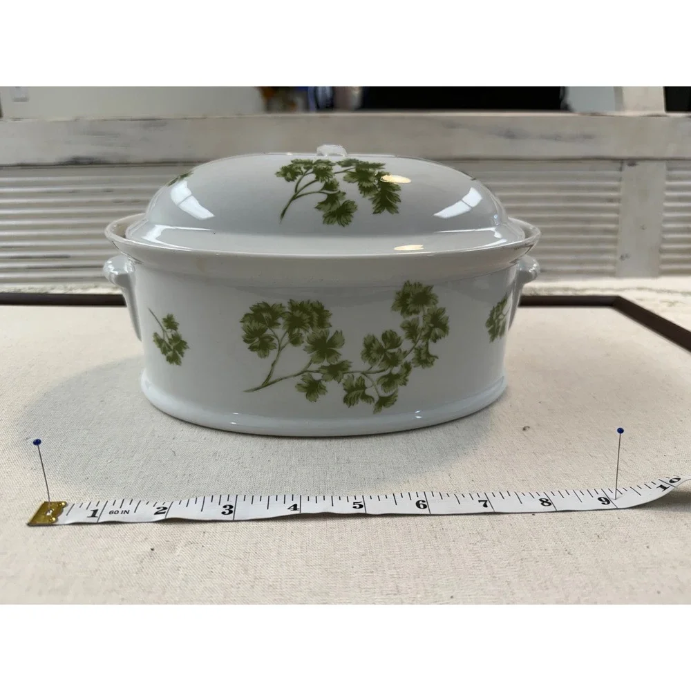 Vintage Parsley Oven To Table Cookware Oval Casserole Dish with Lid Green White